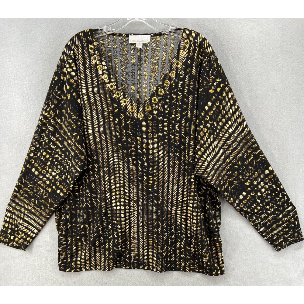 Carolyn Taylor‎ Shirt Sz 3X Black Tan Print Long Sleeve Tunic Gold Ring Details